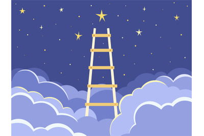 Reaching stars with ladder. Starry night over clouds&2C; way leading to b