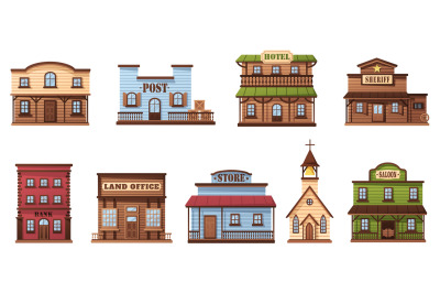 Wild west buildings. Western town houses, wooden saloon and sheriff of