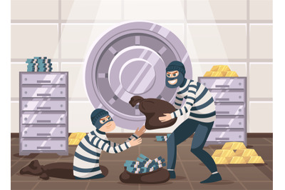 Cartoon bank robbery. Robbers steal money, gold reserves and savings f