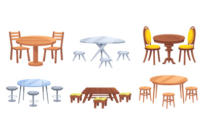 Cartoon furniture. Tables with chairs for dining, restaurant and picni