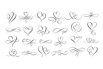 Love hearts flourish. Calligraphy hand drawn heart, romantic text divi