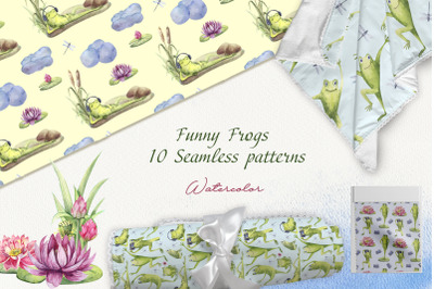 Funny Frogs. 10 Seamless patterns