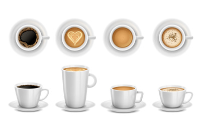 Realistic 3D cups of coffee. White ceramic cup of cappuccino&2C; latte ar