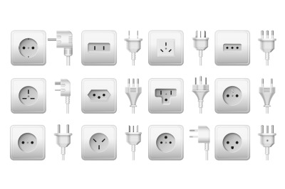 Wall socket and plug types. Electrical power point, white outlet and c