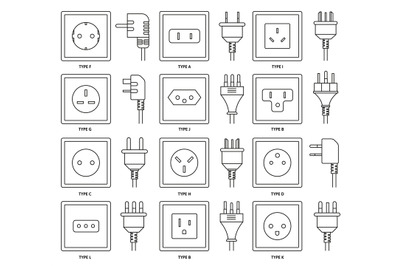 AC sockets with power plugs. Outlet and connector types from different