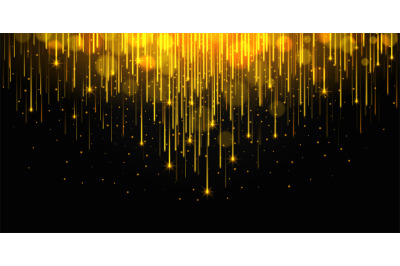 Golden shimmering shooting stars. Dark background with falling shiny g