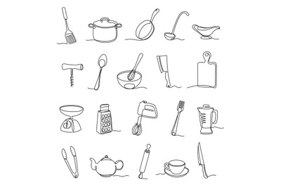 One line kitchen tools. Minimalistic cooking equipment continued lines