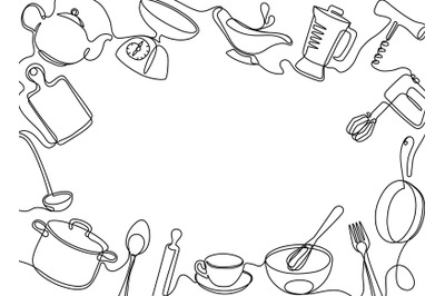 Continuous one line kitchen frame. Cooking utensils banner template&2C; c