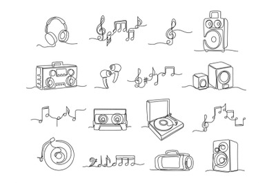 Continuous one line music illustrations. Linear headphones, audio spea