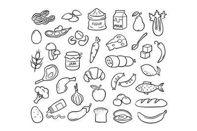 Hand drawn food products icons. Doodle grocery goods for for menu desi