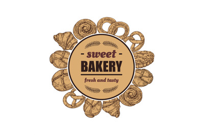 Sketch bakery emblem. Sweet baked goods and fresh bread hand drawn fra