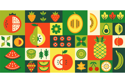 Geometric fruit mosaic. Healthy diet, fresh juicy fruits and berries.