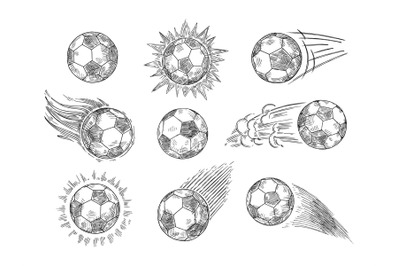 Sketch soccer balls. Hand drawn flying association football ball, euro