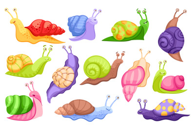 Cartoon snail. Funny smiling garden snails with color shells, happy fa