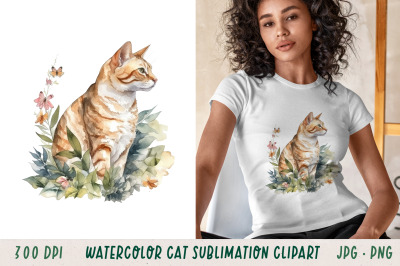 Watercolour Cat In Tropical Leaves Sublimation Clipart