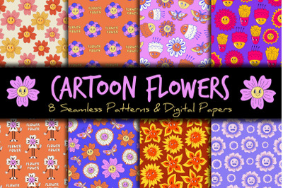 Cartoon Flowers Seamless Patterns &amp; Papers
