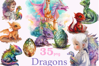 Dragon Clip Art Bundle | Little Girl Illustration