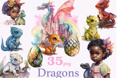 Cute Dragon Clipart Bundle | Little Girl Clipart