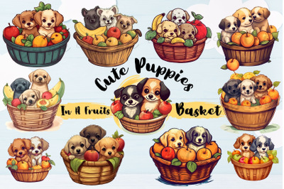 Cute Puppies In A Fruits Basket Illustration Clipart