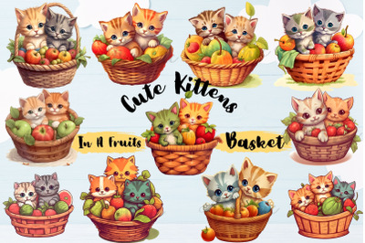 Cute Kittens In A Fruits Basket Illustration Clipart