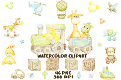Watercolor baby toys clipart, boho baby shower, cute animals, newborn