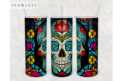 Stained Glass Sugar Skull Tumbler Wrap, 20 Oz Skinny Tumbler Wrap