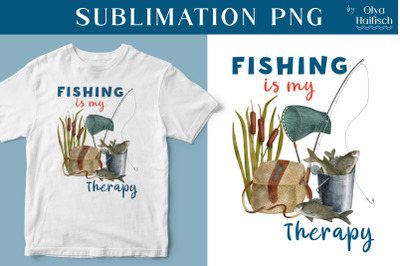 Watercolor Fishing Sublimation PNG Design with Fishing rod and Quote