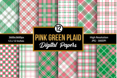 Pink &amp; Green Plaid Backgrounds Digital Papers