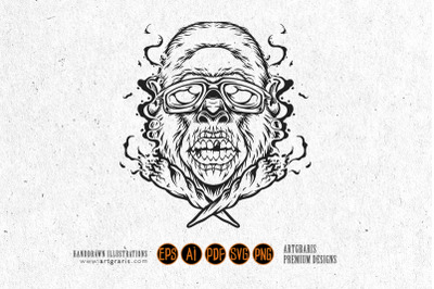 Cool gorilla head joint smoking cannabis logo illustrations monochrome