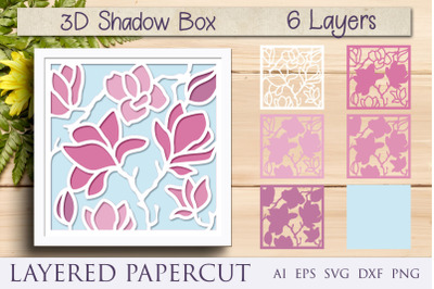Magnolia flowers shadow box layered papercut
