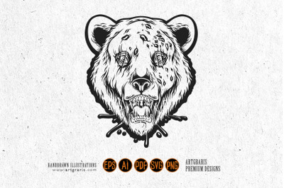 Scary dripping zombie bear head logo illustrations monochrome