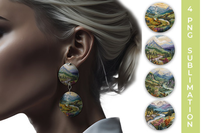 Embroidery Mountain Landscape Round Earrings PNG