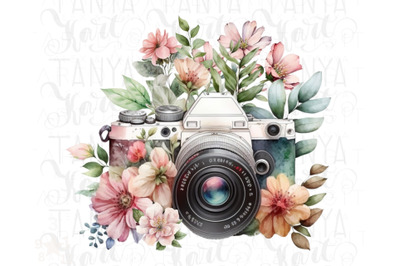 Floral Photo Camera With Pink Flowers Vintage Design Png Instant Downl
