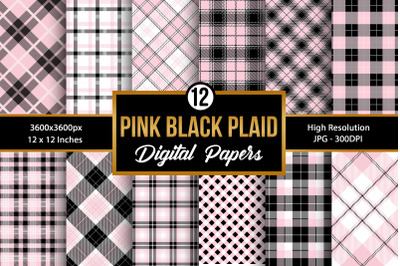 Pastel Pink &amp; Black Plaid Digital Paper Backgrounds