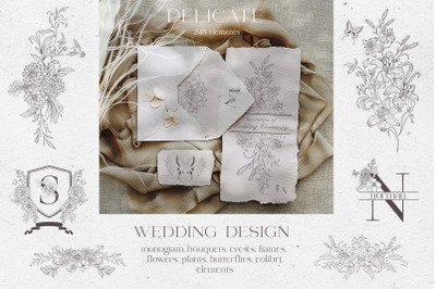 Delicate Wedding Design. Floral Vector Collection. Line Art.