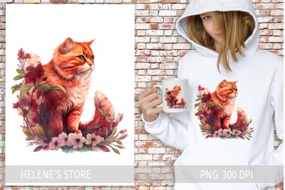 Red cat spring floral, Clipart PNG for Sublimation