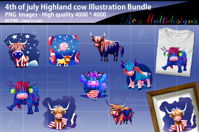 4th of july highland cow illustration bundle