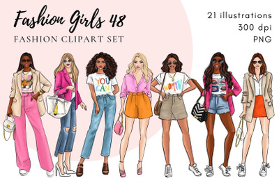 Fashion Girls 48 clipart set - 3 skin tones - PNG