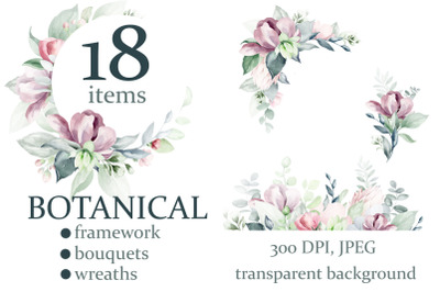 Watercolor Botanical Clipart | PNG wreaths, bouquets, frames