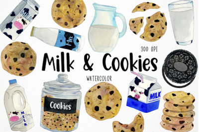 Watercolor Milk adn Cookies Clipart, Biscuits Clipart, Chocolate Chip