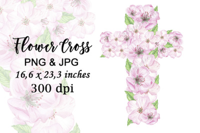 Watercolor Cherry Flowers Cross Pink Sublimation PNG JPG