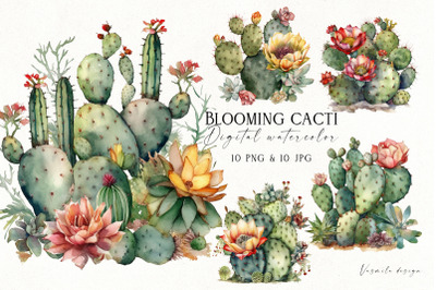Watercolor Blooming Cacti Clipart