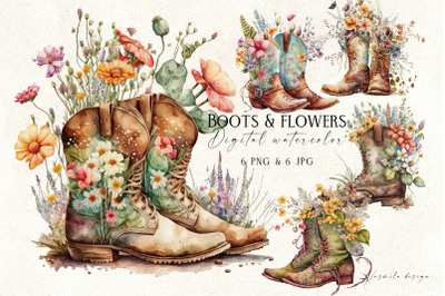 Watercolor Cowgirl Boots and Flowers