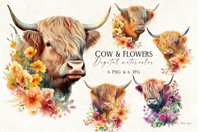 Watercolor Highland Cow and Flowers