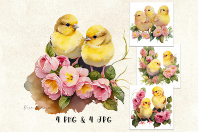 Watercolor Cute Floral Chickens