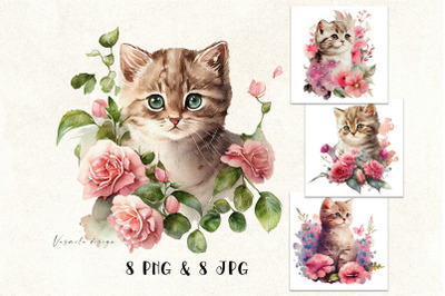 Watercolor Cute Floral Kitten