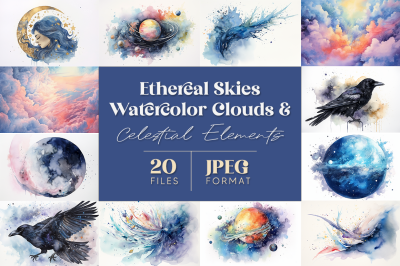 Ethereal Skies: Watercolor Clouds and Celestial Elements