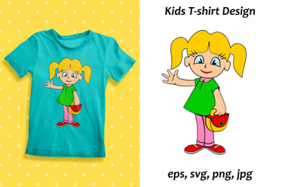 Cartoon Little Girl Sublimation. Kids T-Shirt Design.