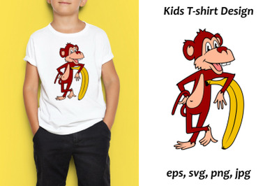 Cartoon Monkey Sublimation. Kids T-Shirt Design.