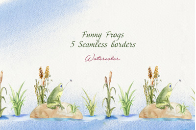 Funny Frogs. 5 Seamless Borders